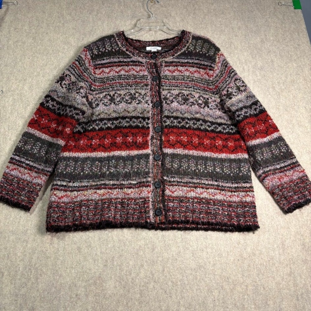 Dressbarn Cardigan Women 18/20 Red Grey Acrylic Knit Fair Isle Boho Sweater L/S